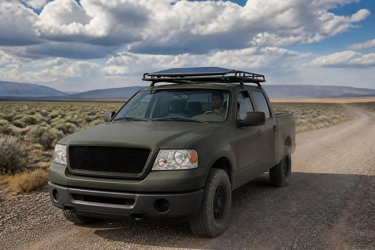 Rig with solar panel on roof driving a remote track