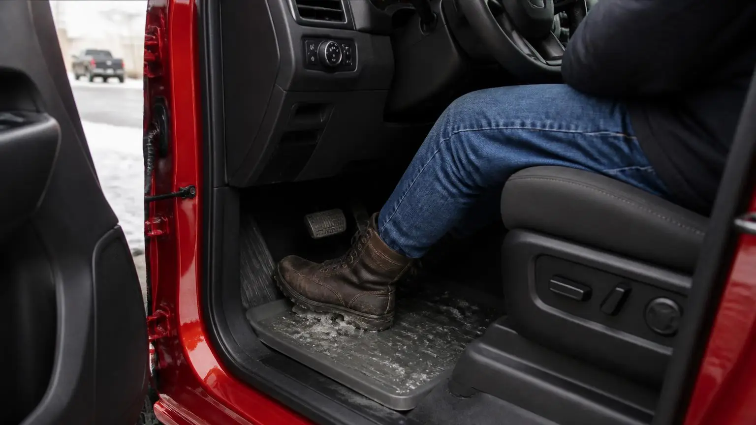 Rigid floor liner holding mud and snowmelt in a truck