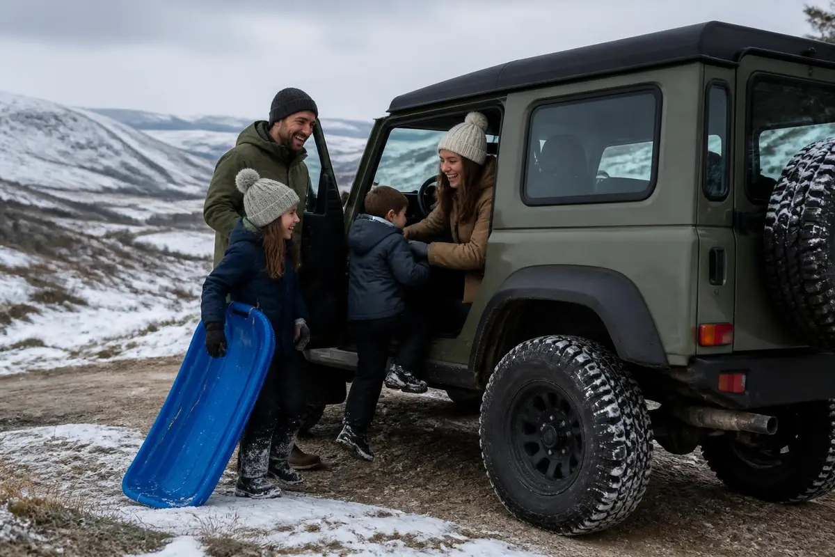 Family piling into a truck after a snowy sledding day