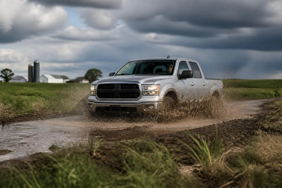 Truck driving through a muddy puddle on a farm road