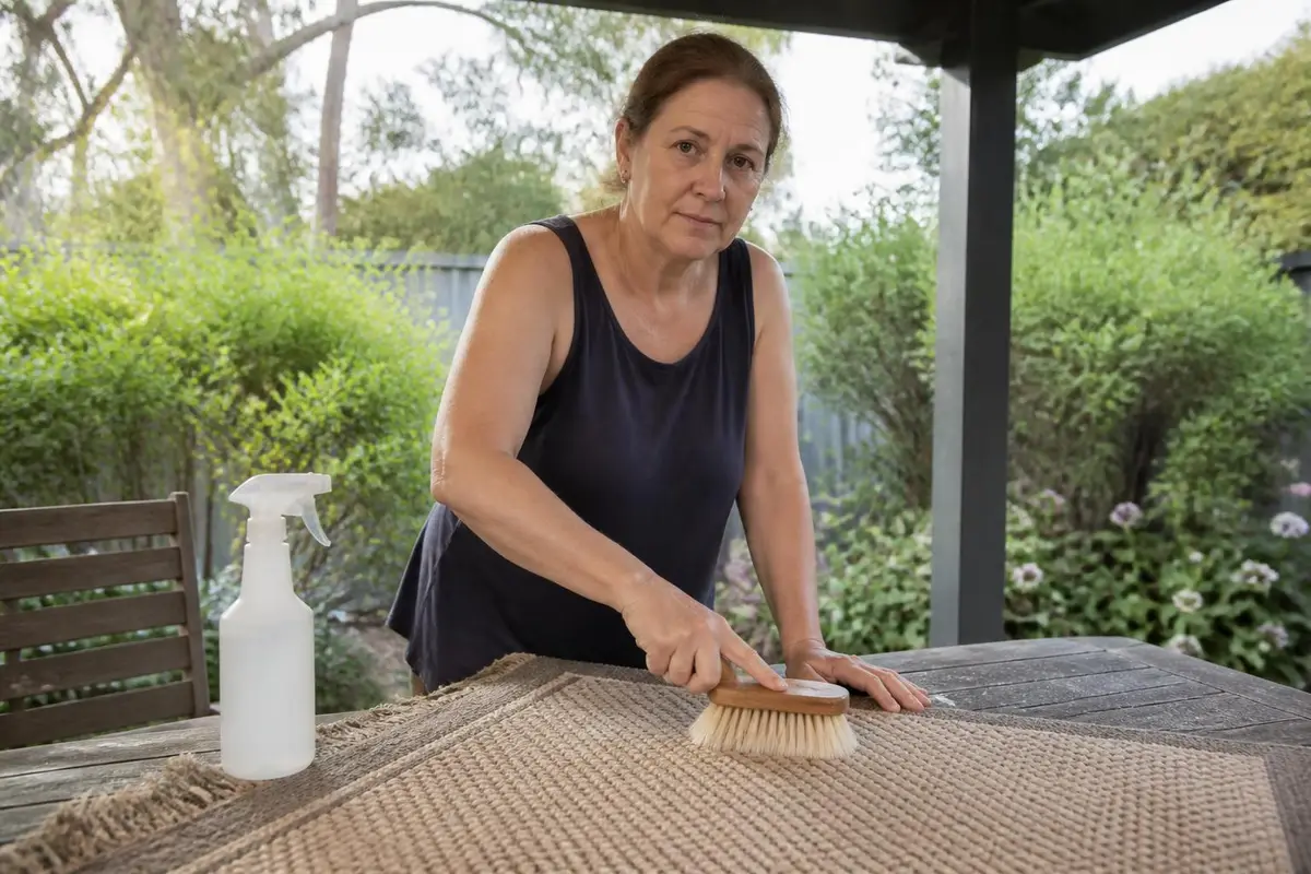 Woman using a carpet brush on a floor mat