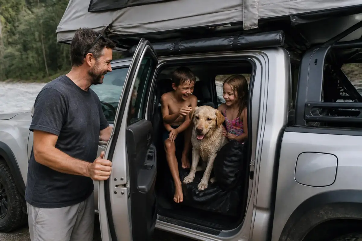 Kids and dog climbing into a covered back seat