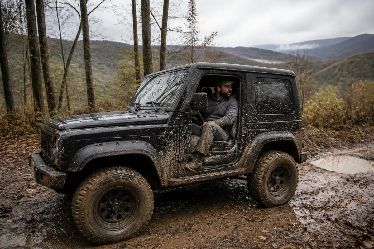 Muddy rig returning from a wet trail