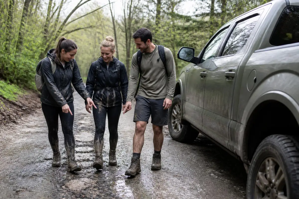 Friends returning to a clean truck after a hike