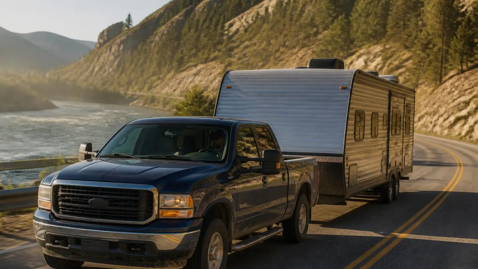 Full-size pickup towing a large travel trailer through mountains