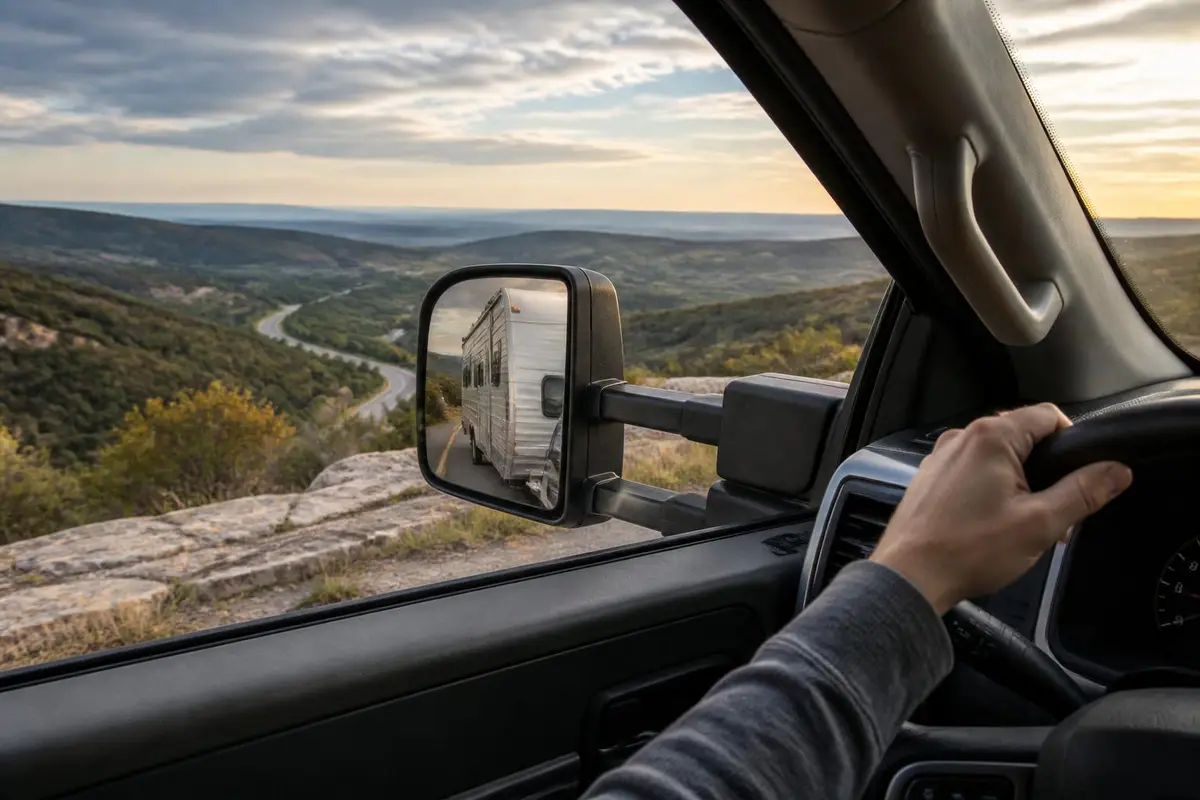 View of a trailer in extended towing mirrors
