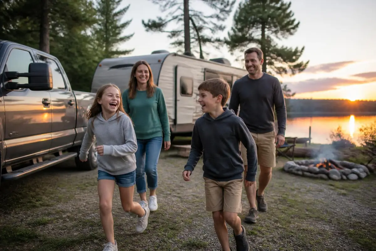 Family arriving at a lakeside campground with a trailer