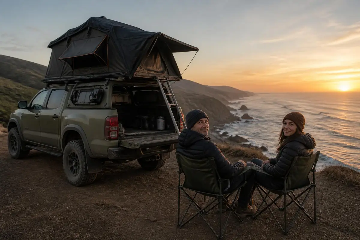 Mid-size pickup camp on a Pacific coast bluff