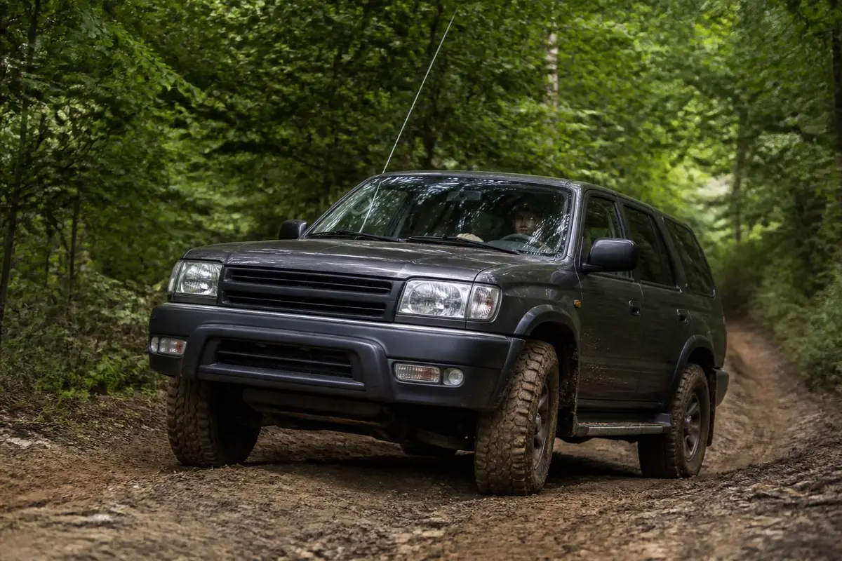 Antenna flexing under branches on a forest trail