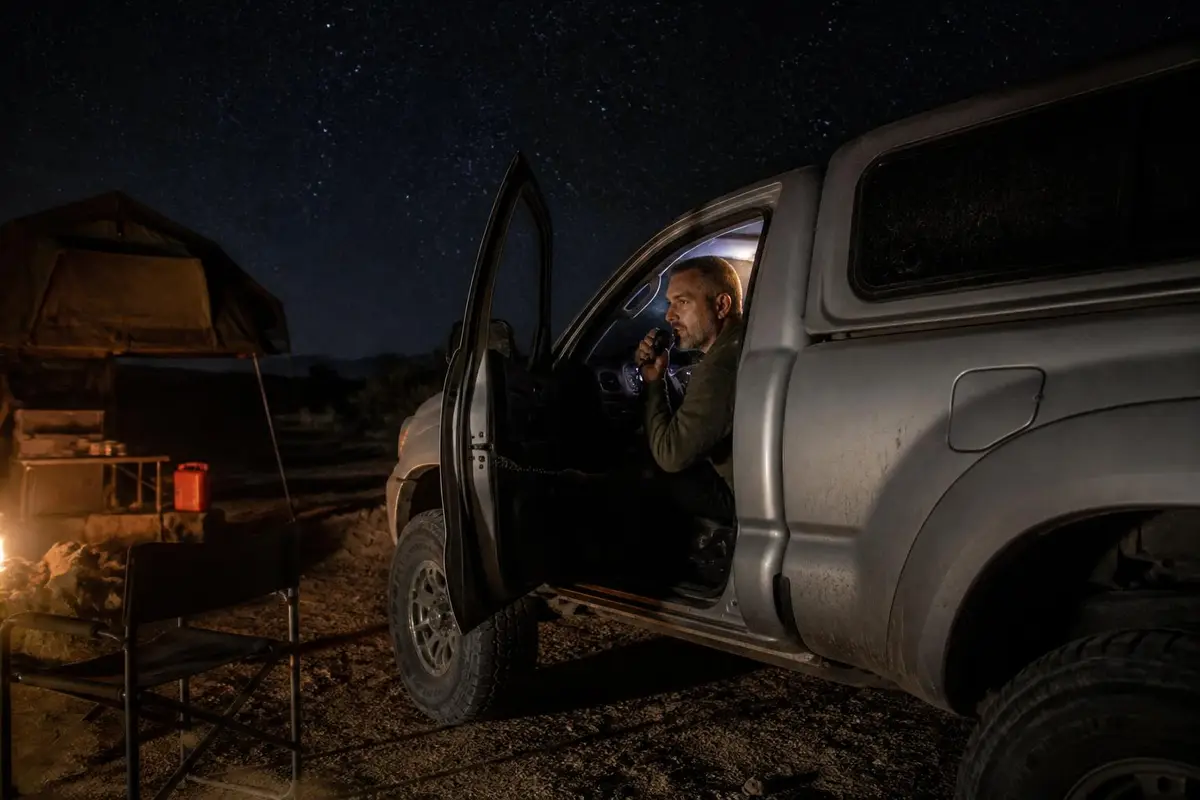 Night camp with radio chatter