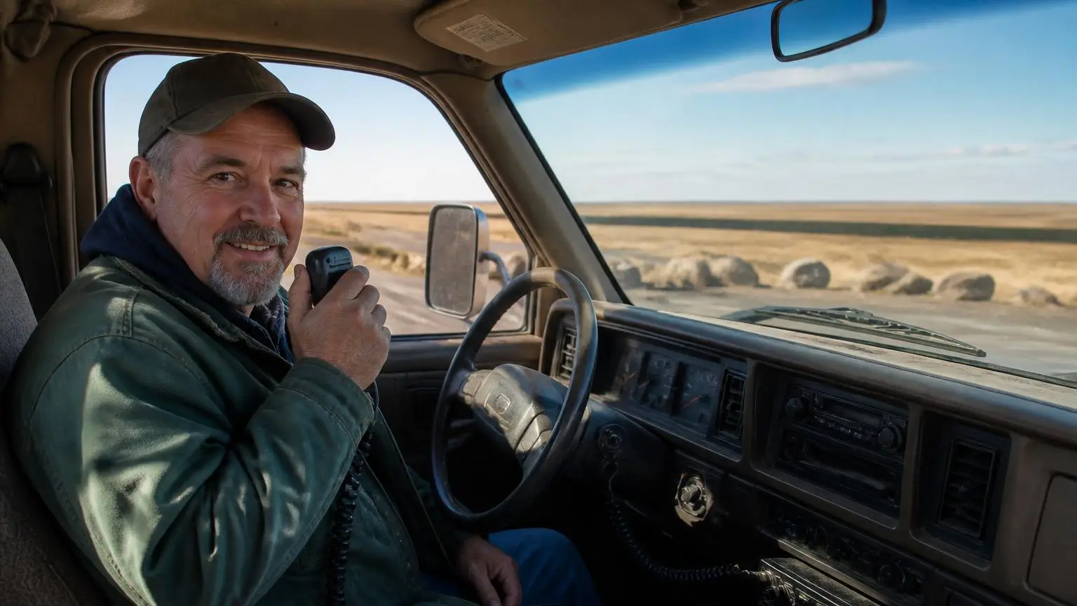 Driver using a CB handset in a truck cab on a highway
