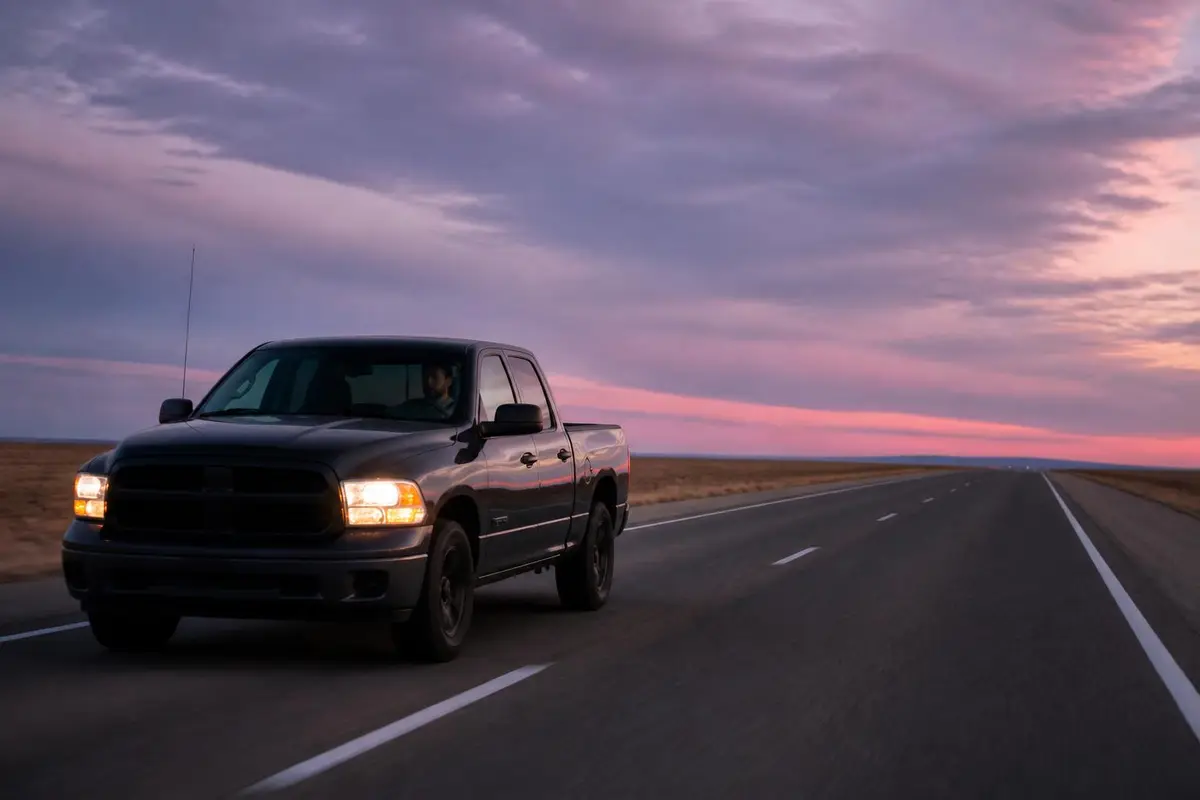Truck on a long interstate at dusk