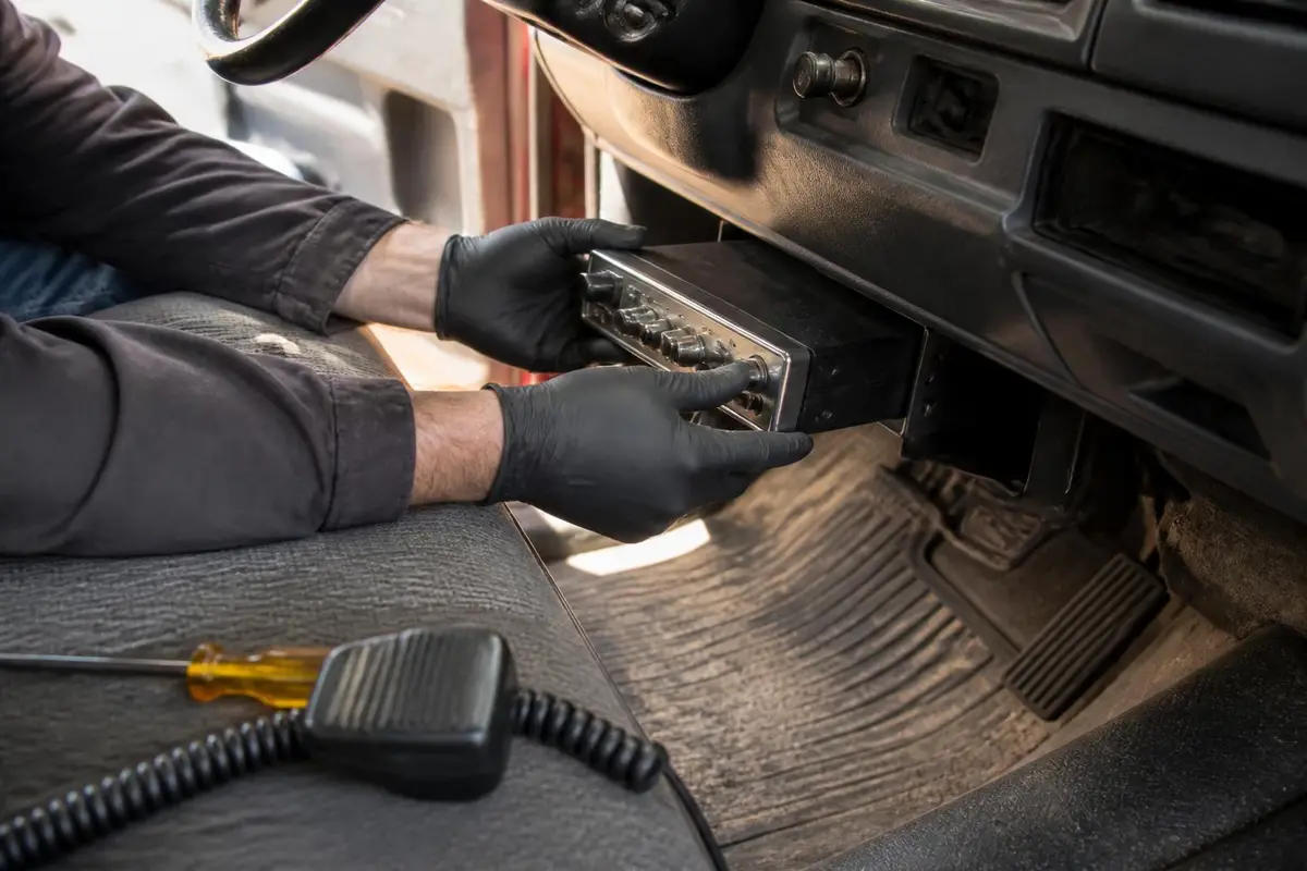 Radio being fitted under a truck dash in a workshop