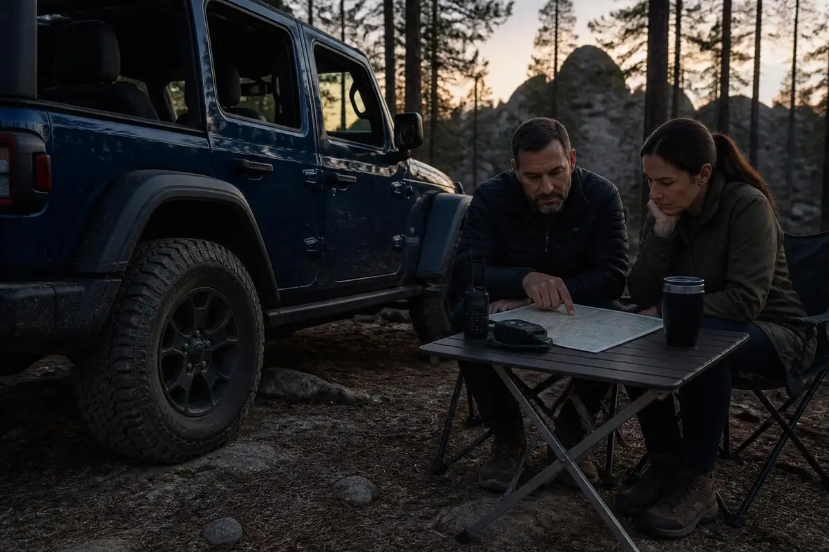 Camp with handheld radios on a table