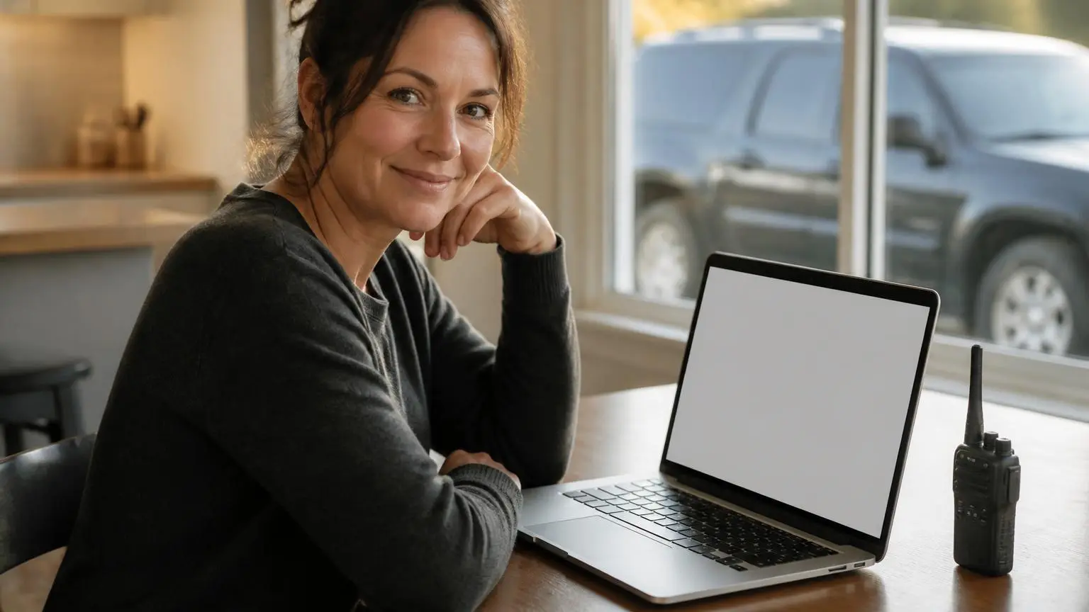 Person applying online at a laptop with a radio beside