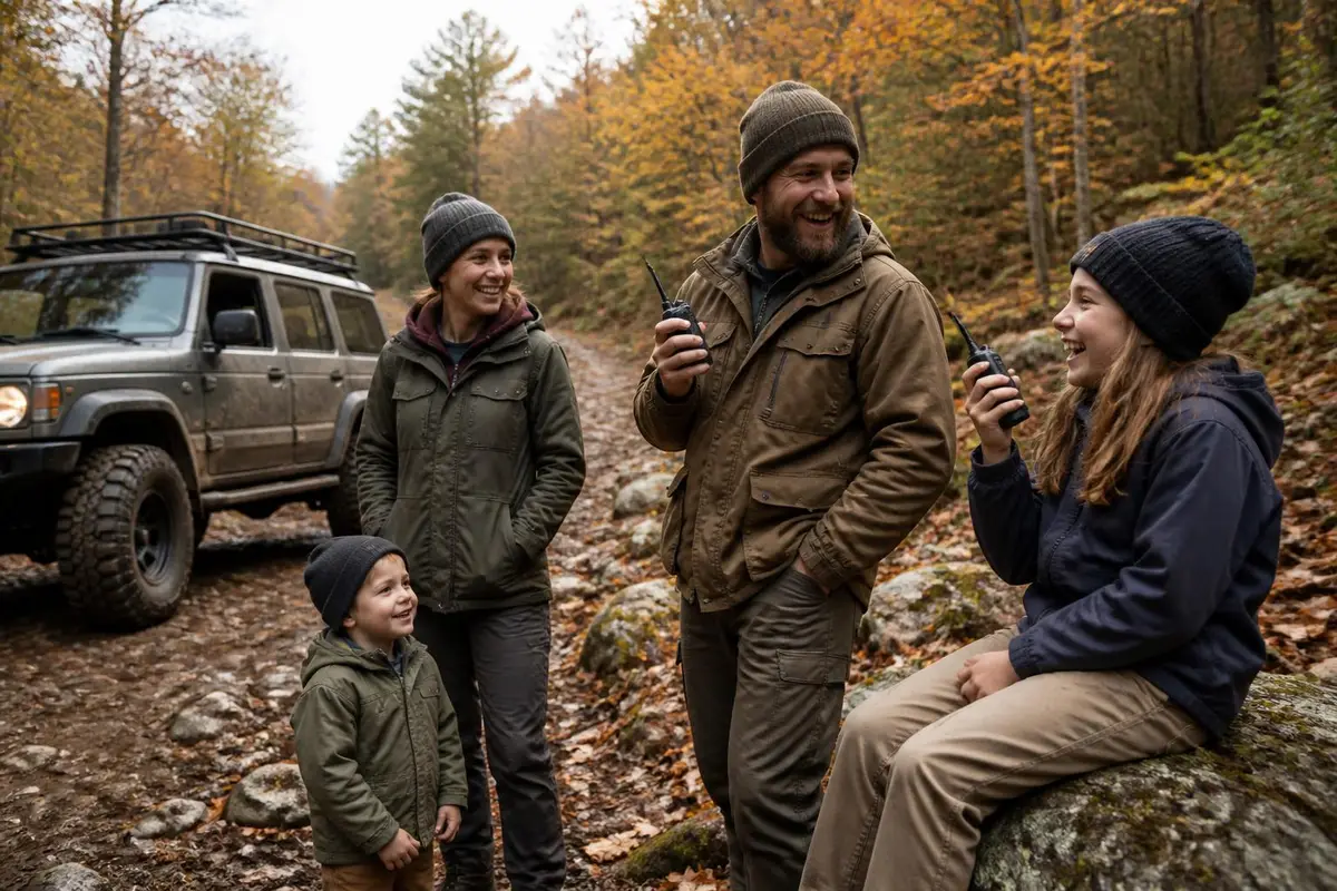 Family using handheld radios on a trail