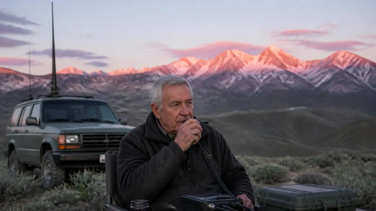 Overlander using a ham radio at a remote camp