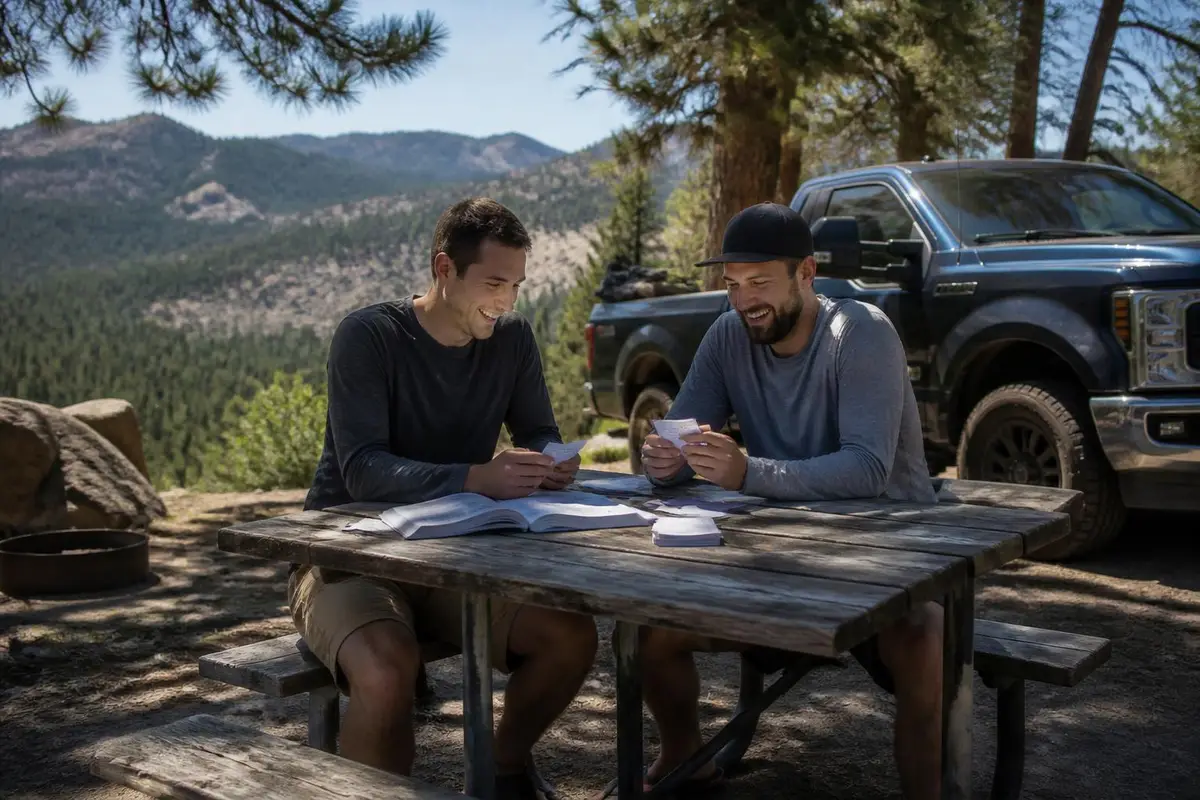 Friends studying for a radio exam at a picnic table