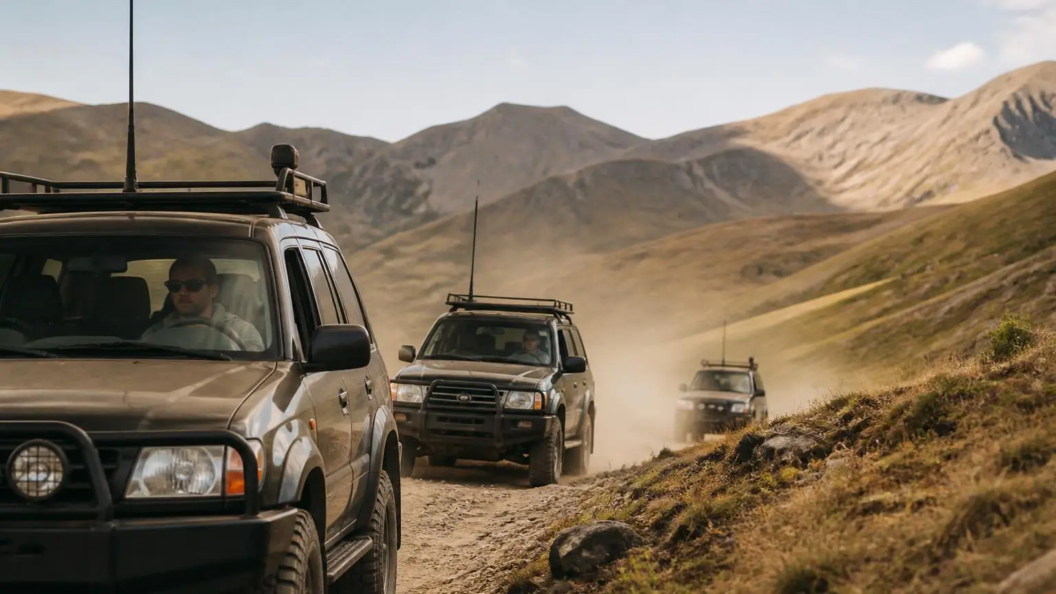 Convoy of rigs on a mountain trail with radio antennas