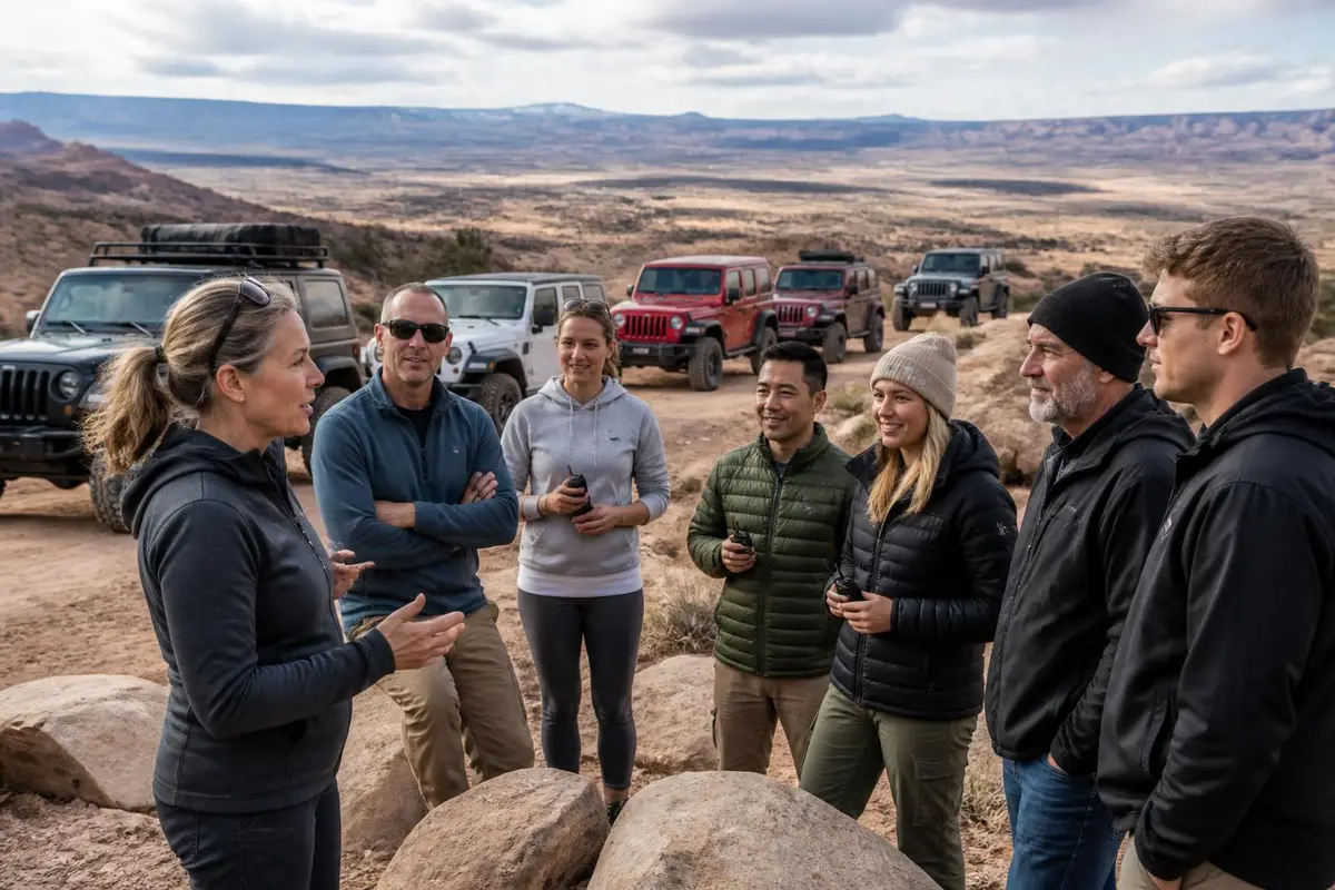 Group briefing at a trailhead with radios