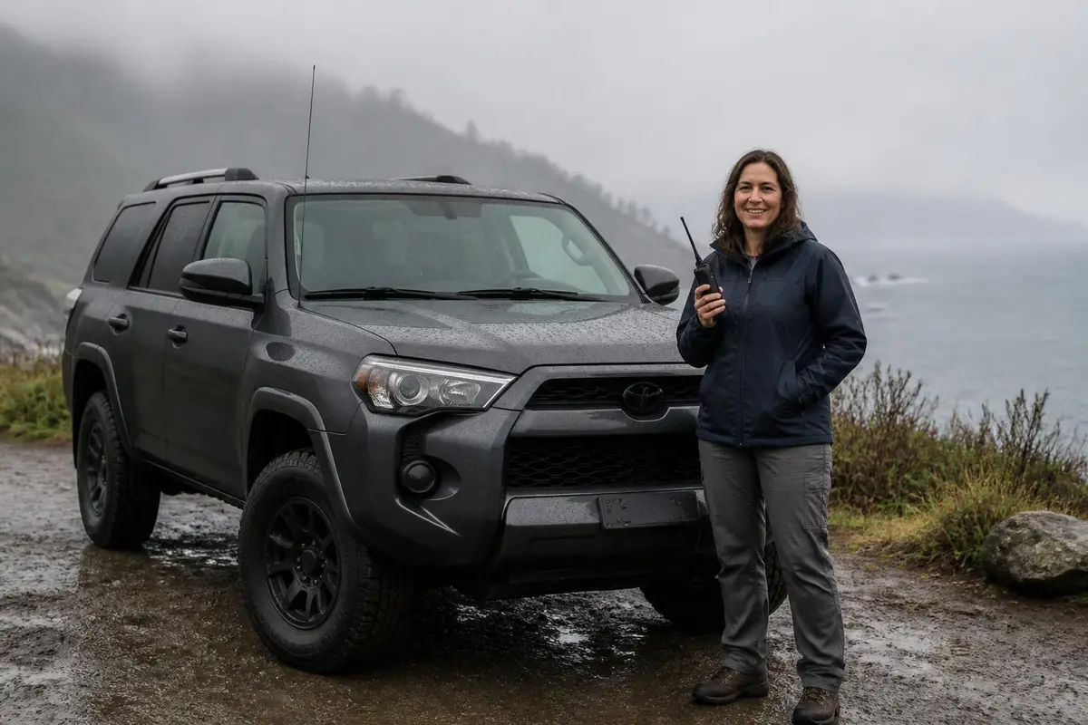Rig with roof antenna parked by a foggy coastal cliff in drizzle