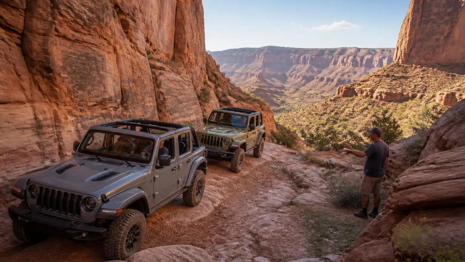 Two four-door off-roaders on a rocky canyon trail