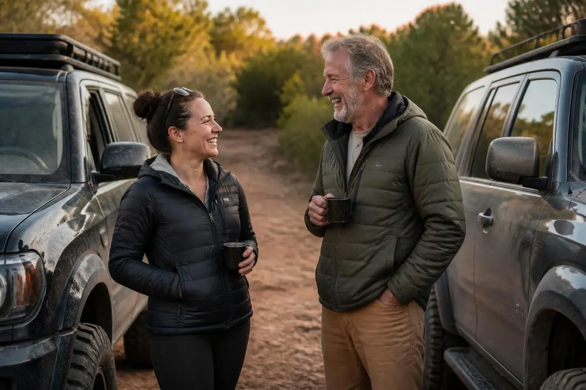 Two owners chatting beside their off-roaders