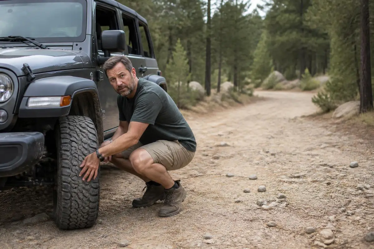 Owner checking wheel clearance at a trailhead