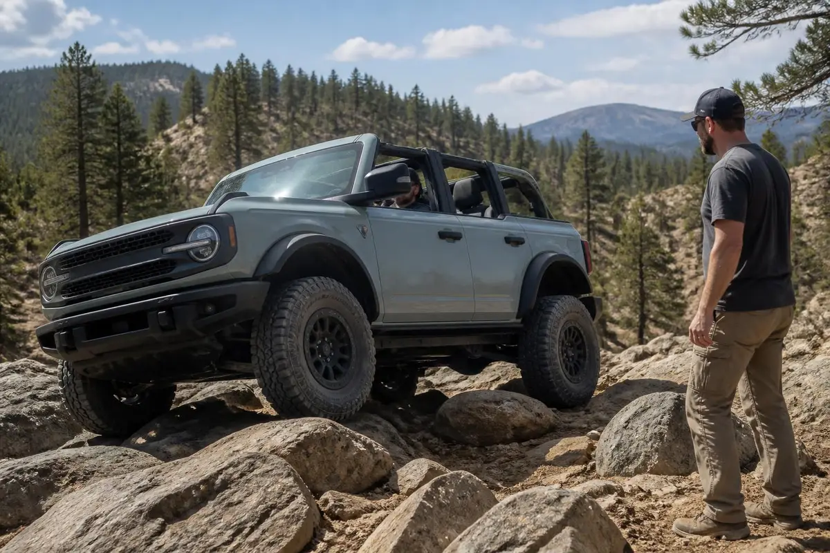Off-road pickup climbing a rocky hill
