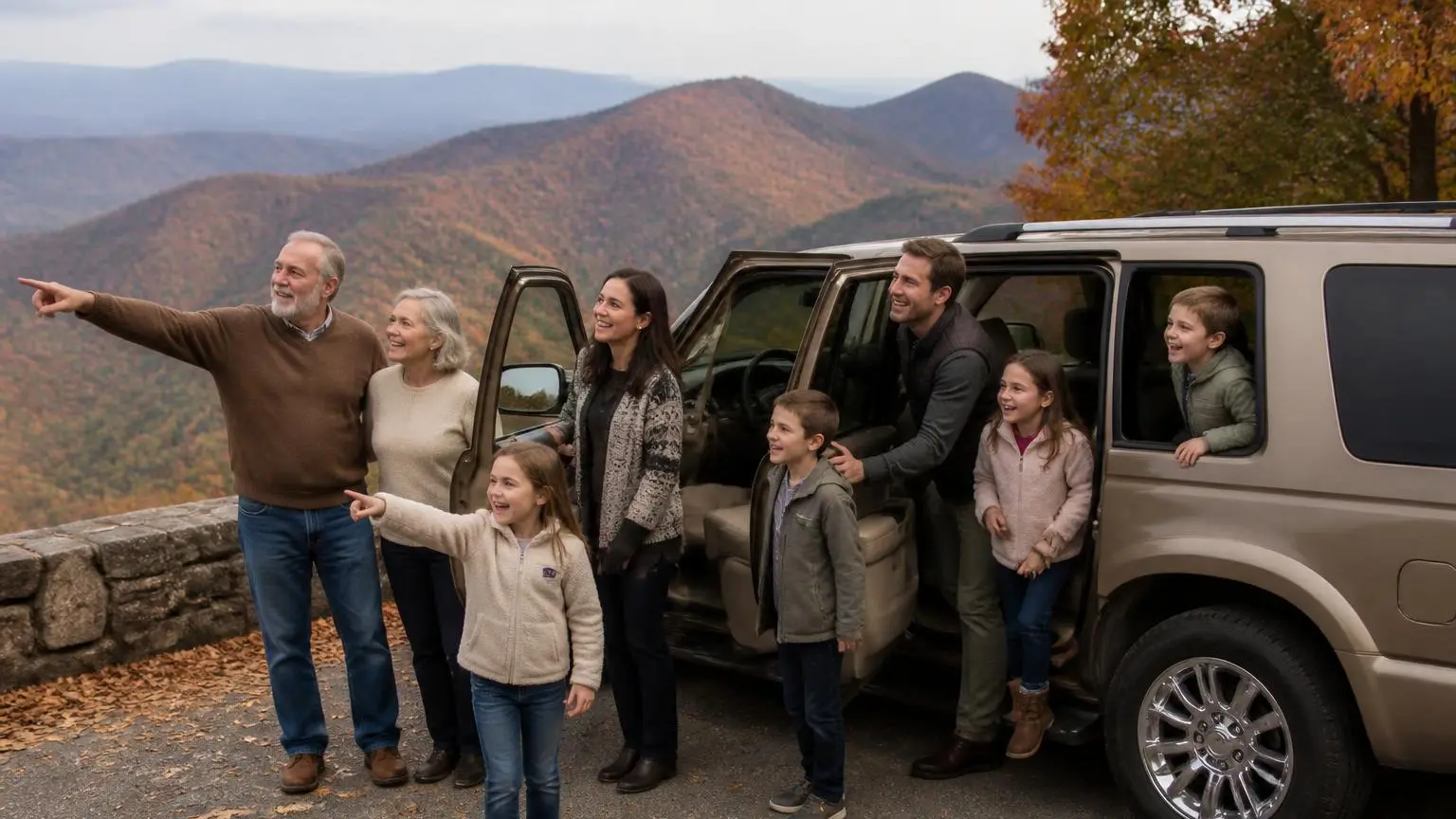 Family of eight piling out of a long three-row SUV at a scenic overlook
