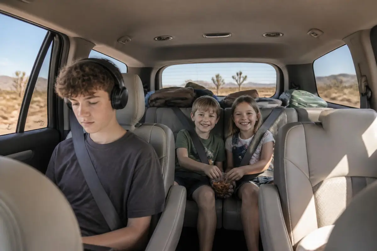 Kids buckled into the third row of a long SUV looking out at the desert