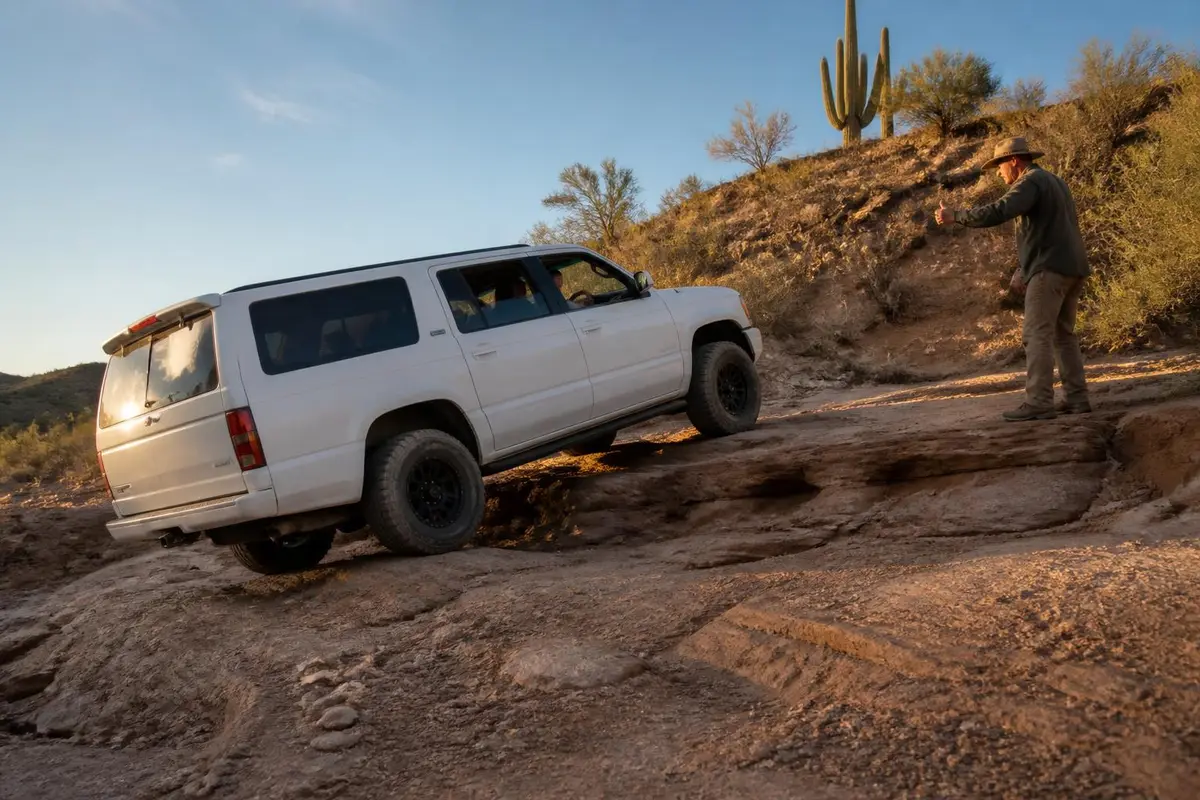 Long SUV easing its rear overhang over a rocky wash exit