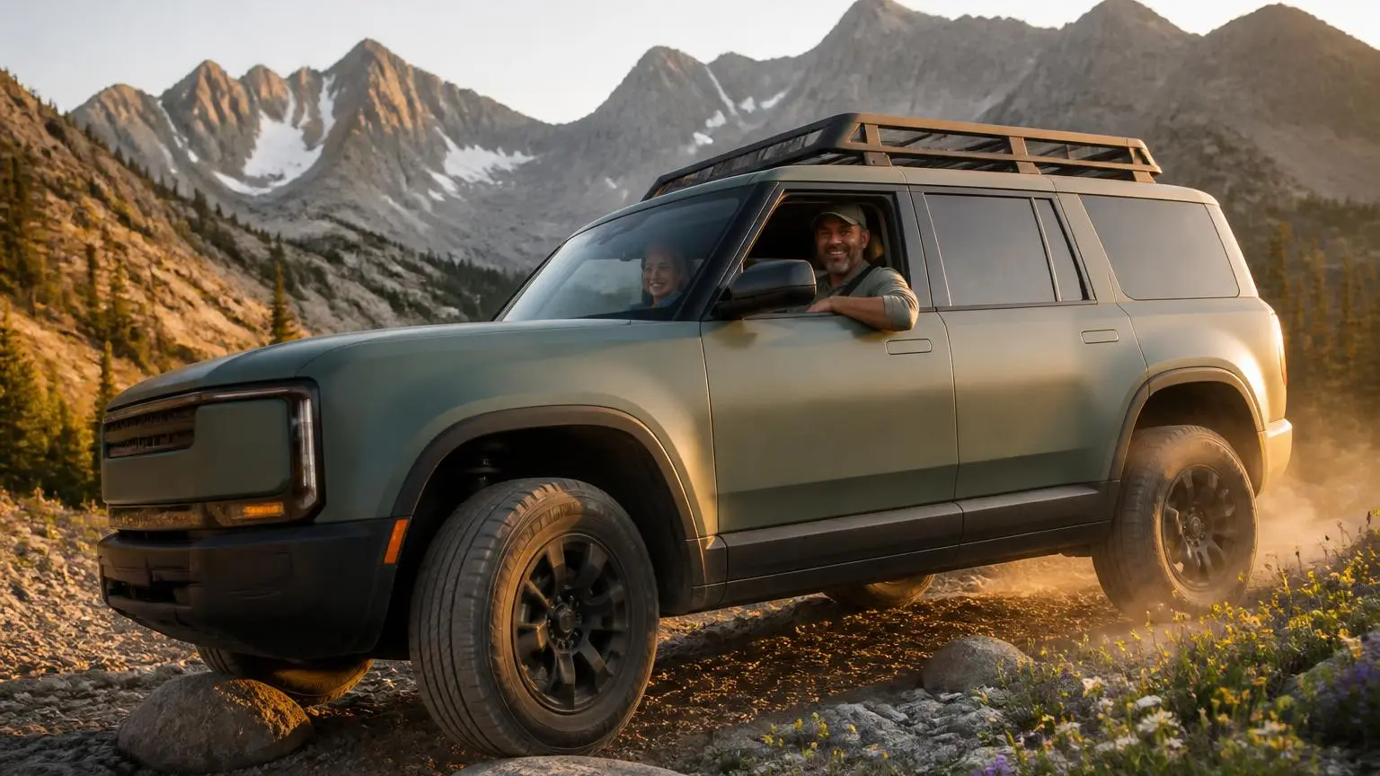 A sage green boxy European SUV climbing a rocky alpine track at golden hour