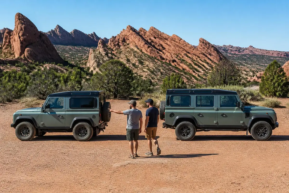 Two short- and long-wheelbase SUVs parked side by side at a desert trailhead