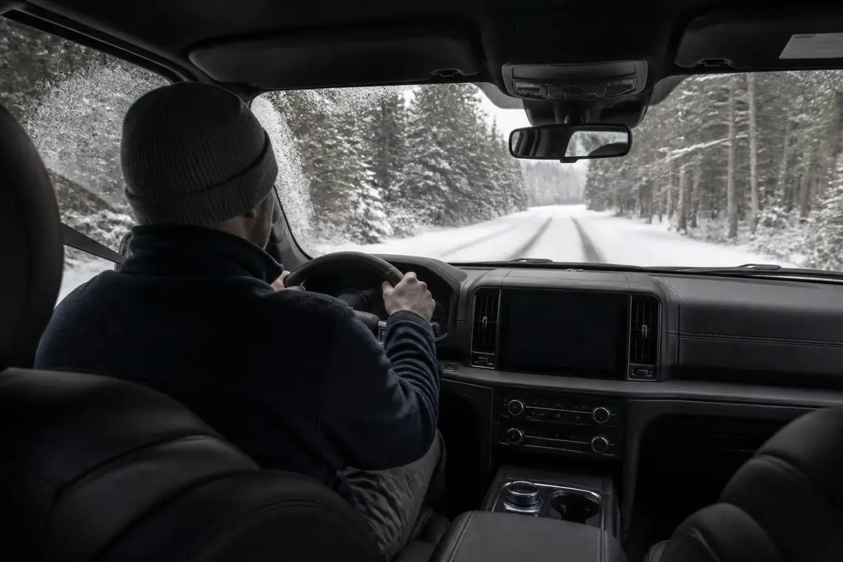 Over-the-shoulder view of a driver selecting a drive mode on a snowy forest road