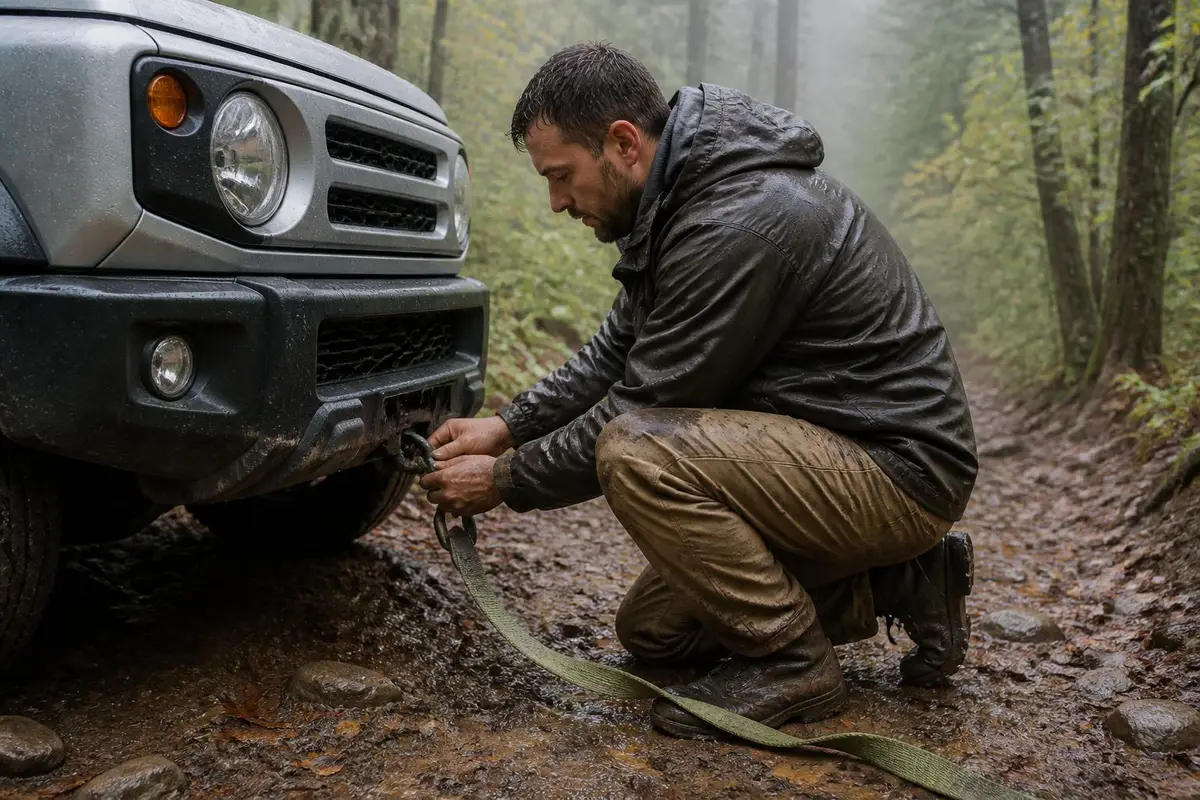 Driver attaching a soft shackle to a rated recovery point on a modern SUV