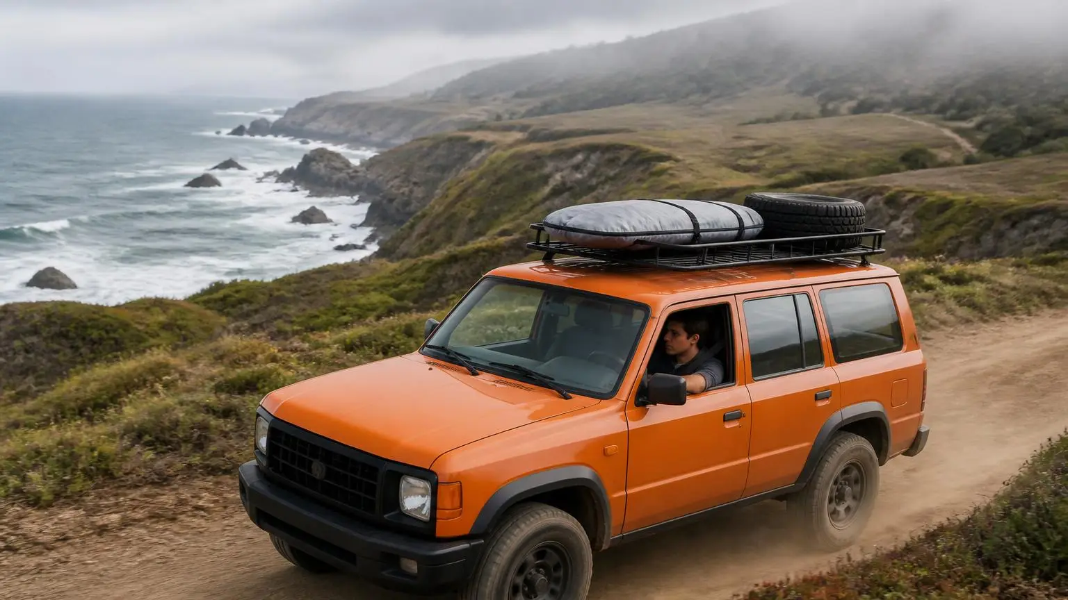 Compact boxy SUV driving a coastal dirt road with ocean views