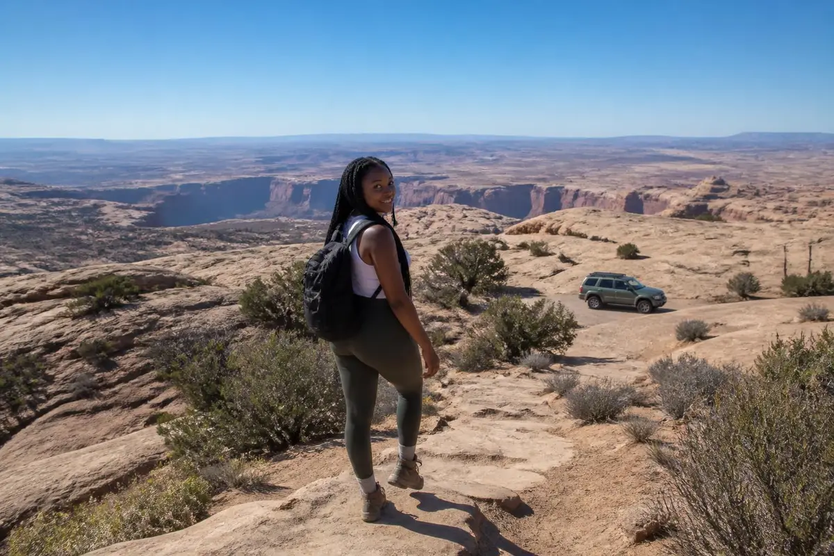 Young woman hiking up from her compact SUV to a canyon viewpoint