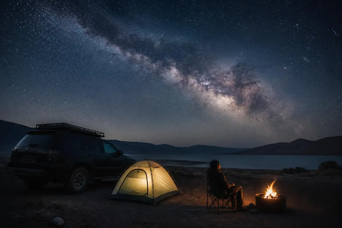 Ground tent pitched beside a mid-size SUV under the stars