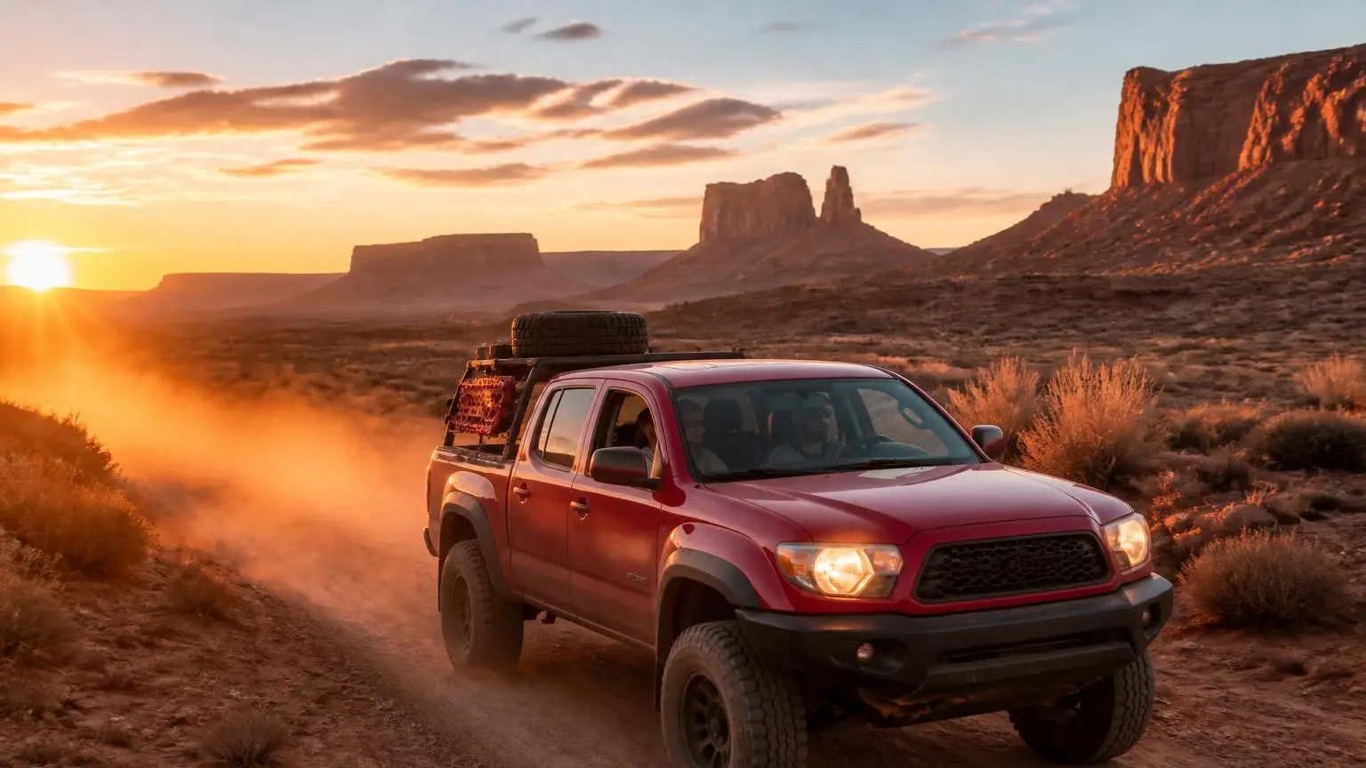 Mid-size pickup kicking up red dust on a desert two-track at sunset