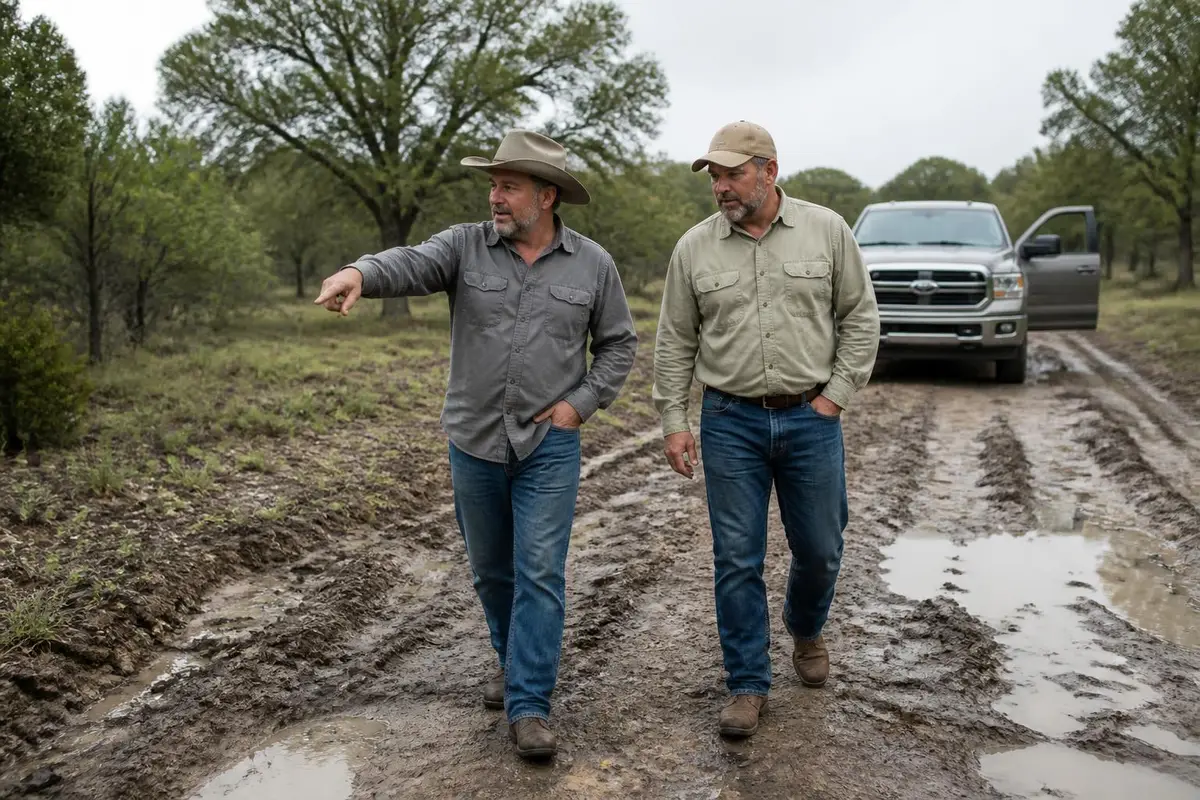 Two friends walking a forest trail ahead of their full-size pickup