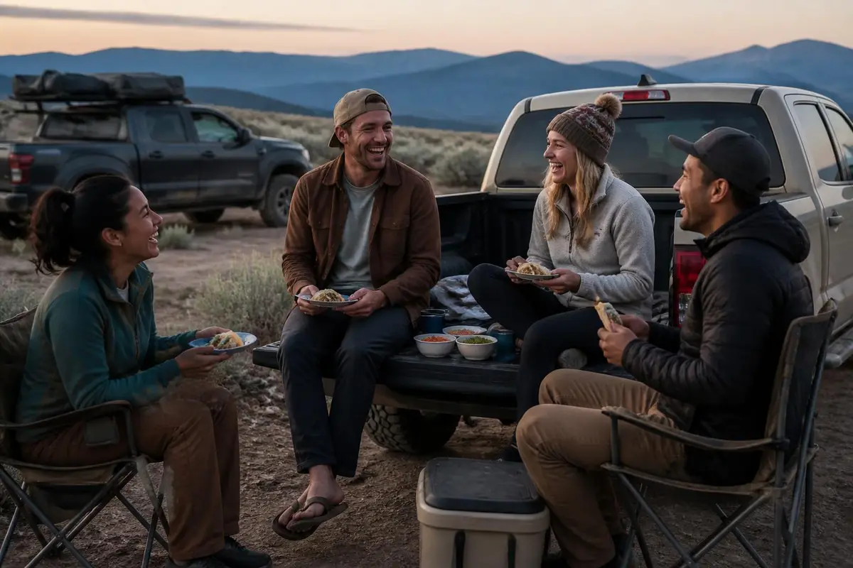 Friends sharing a meal on a tailgate beside their pickups