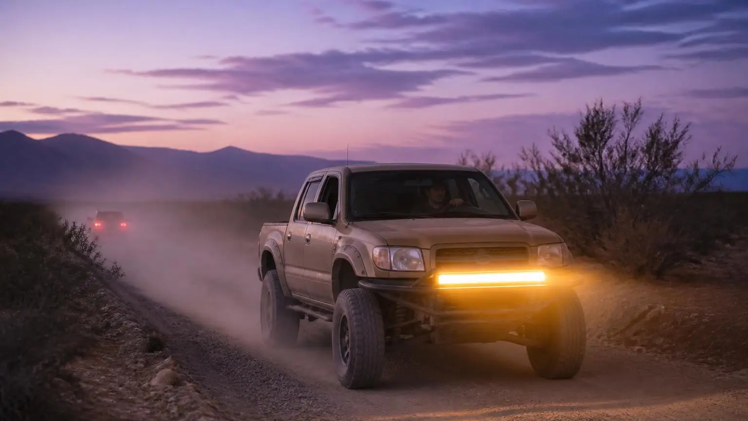 Pickup with amber lights cutting through dust on a desert road at dusk