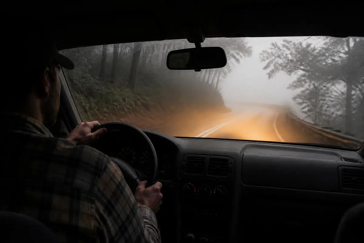 Driver's view through the windshield into thick fog lit by amber light