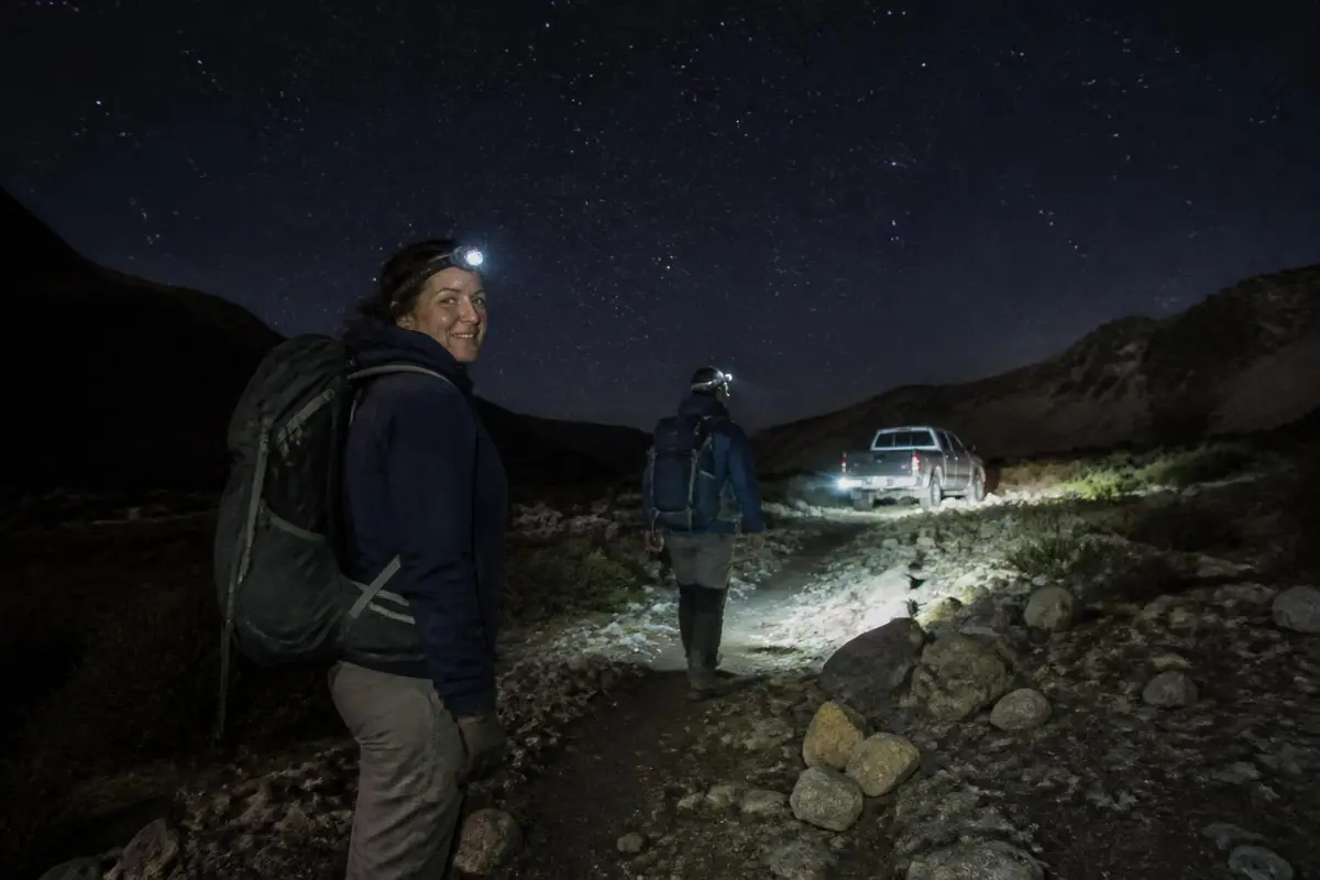 Hikers returning to a truck lit with clear white light on a clear night