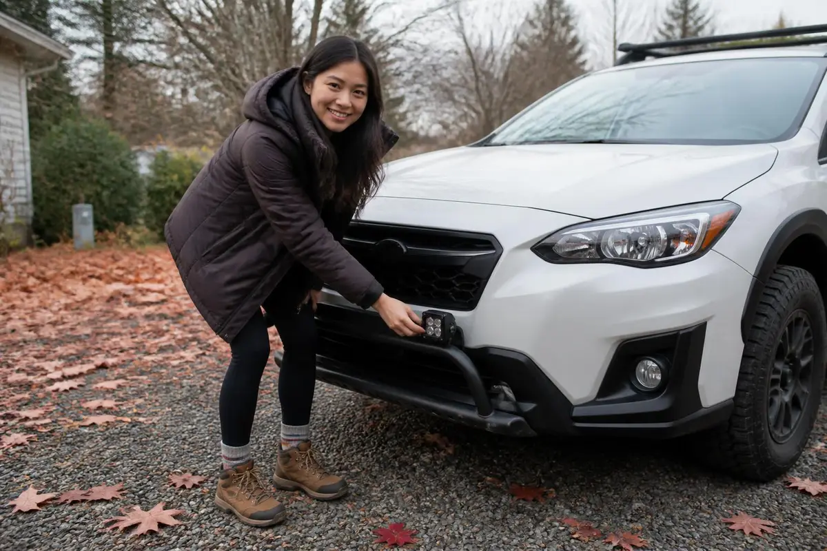 Owner adjusting a switchable light bar on a front bumper
