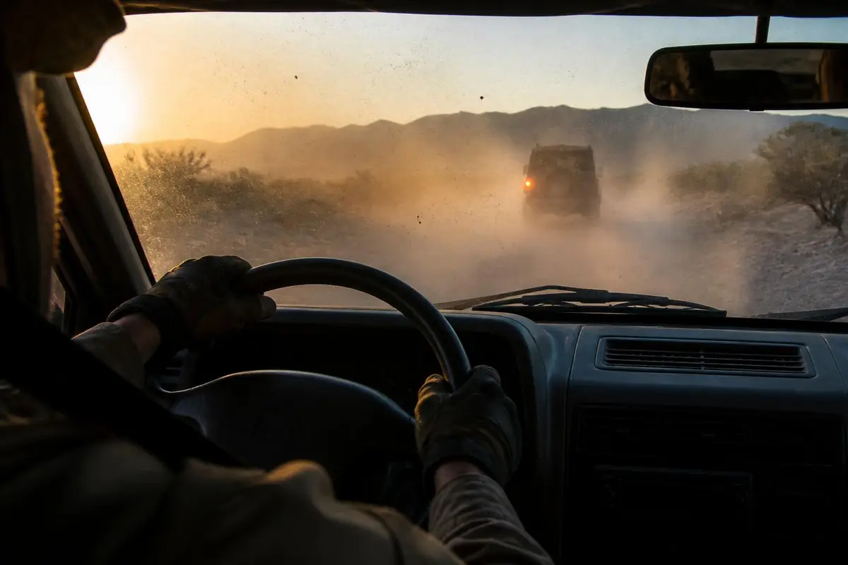 Following driver's view through dusty windshield toward a lead vehicle's rear light