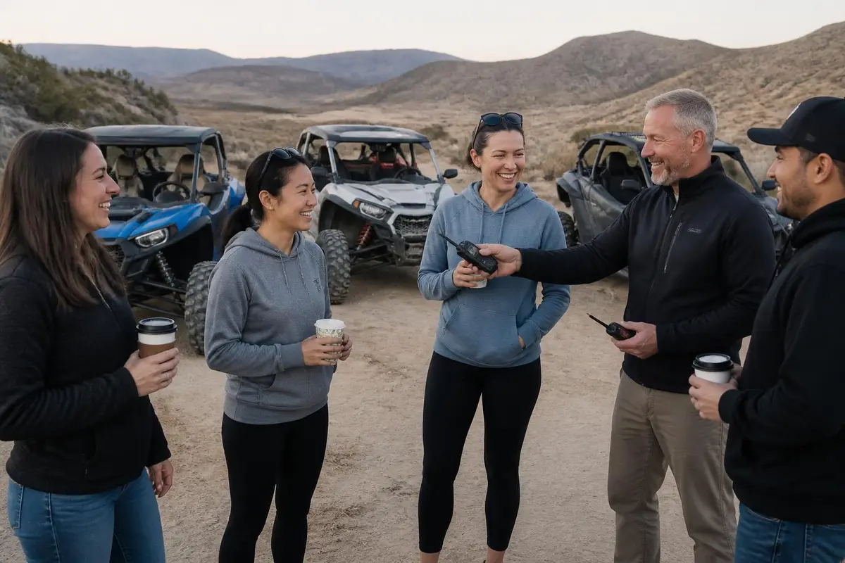 Group of friends chatting between trucks before a group trail ride