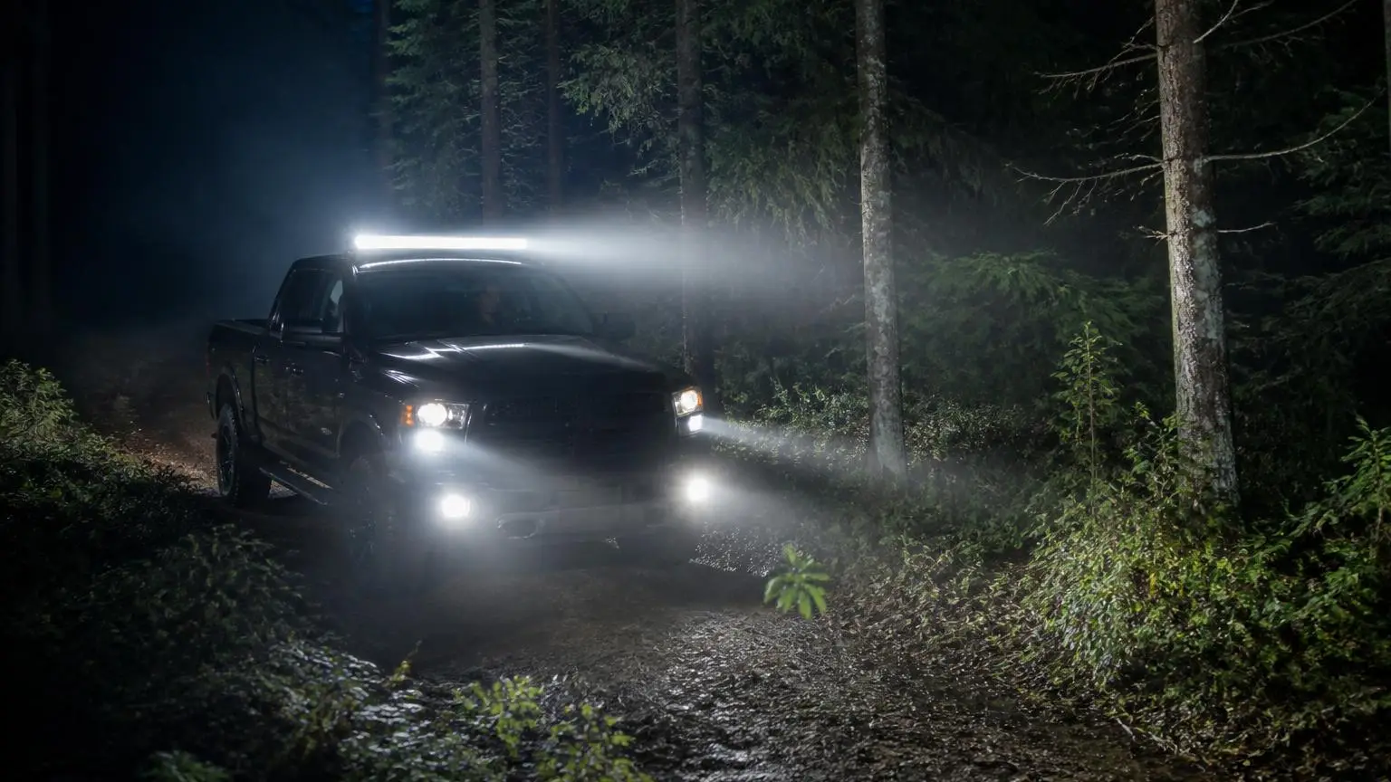 Pickup with glowing light bar on a dark forest trail at night