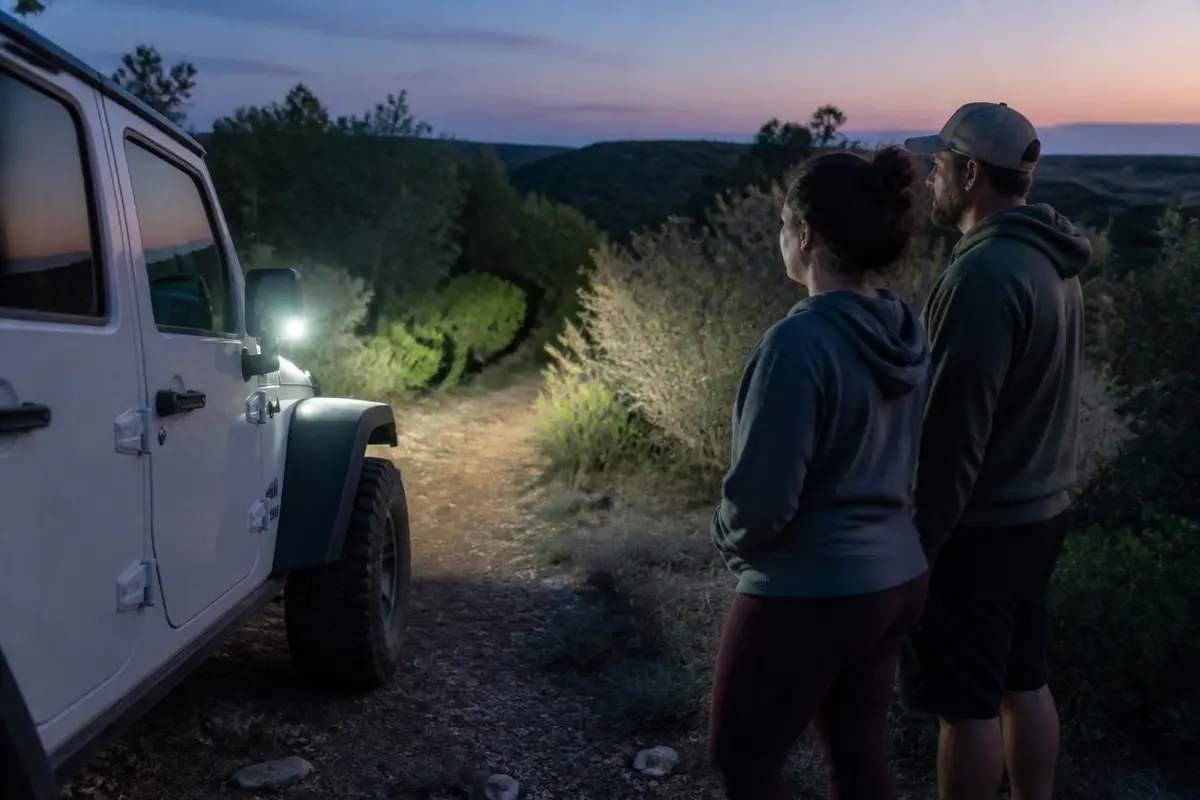 Couple standing at the edge of low wide ditch-light beams at dusk